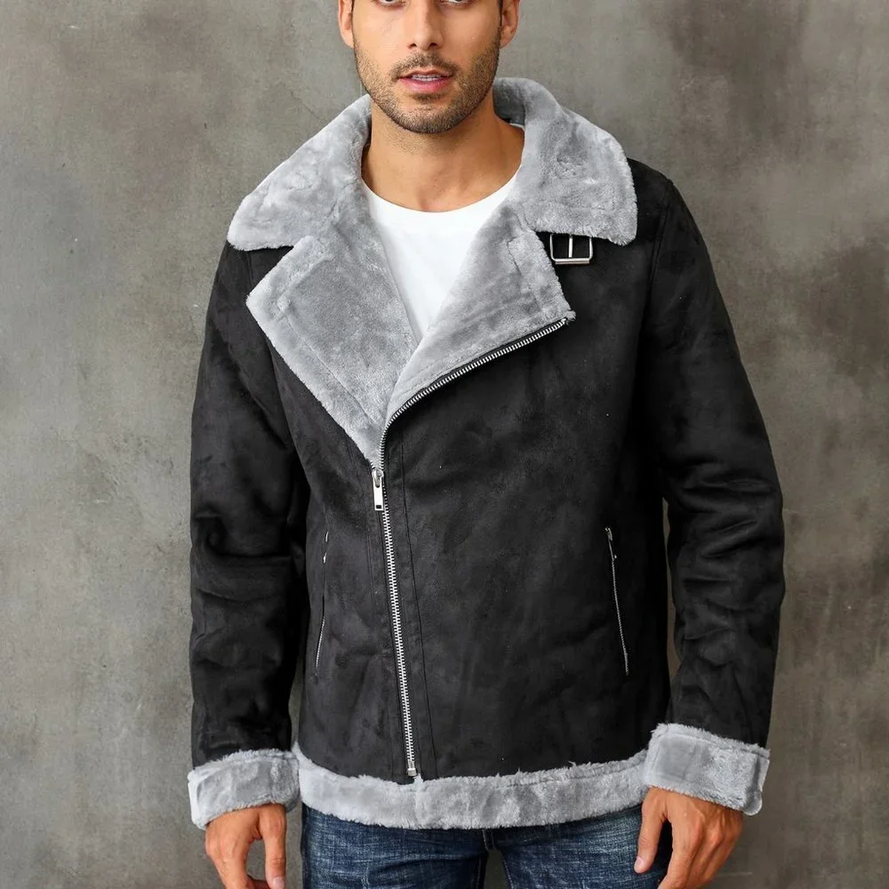 Black Casual Mens Zip Up Lapel Neck Teddy Lined Coat - Picture 4 of 8